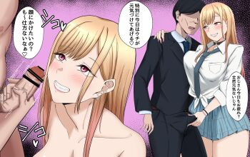 1boy 1girl age_difference bar_censor barbell_piercing black_choker black_jacket black_pants blonde_hair blue_necktie blush breasts bulge censored choker collarbone commentary_request crotch_grab editorsakura faceless faceless_male grin hetero highres imminent_ejaculation imminent_facial jacket kitagawa_marin large_breasts looking_at_another looking_up male_masturbation masturbation miniskirt mosaic_censoring motion_lines necktie pants piercing pink_eyes salaryman shirt skirt smile sono_bisque_doll_wa_koi_wo_suru speech_bubble white_shirt