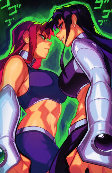 2girls black_hair blackfire breasts colored_sclera colored_skin cropped_shirt dc_comics eye_contact green_eyes green_sclera grin halterneck highres large_breasts long_hair looking_at_another miniskirt multiple_girls orange_skin purple_eyes purple_skirt qtori red_hair serious siblings simple_background sisters skirt smile starfire superhero_costume tamaranean teen_titans toned toned_female