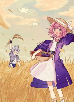 Rule 34 | 1boy, 1girl, absurdres, ahoge, ancient greek clothes, bare shoulders, basket, bird, blue eyes, coat, commentary request, cyrene (aedes elysiae) (honkai: star rail), cyrene (honkai: star rail), dove, dress, food, greco-roman clothes, grey sky, hat, highres, holding, holding basket, holding wheat, honkai: star rail, honkai (series), jewelry, multicolored hair, necklace, official alternate costume, open mouth, outdoors, phainon (a dream scented in wheat) (honkai: star rail), phainon (honkai: star rail), pink hair, purple coat, purple shirt, shirt, short hair, sky, straw hat, tanpopoyaki, two-tone hair, vegetable, wheat field, white dress, white hair