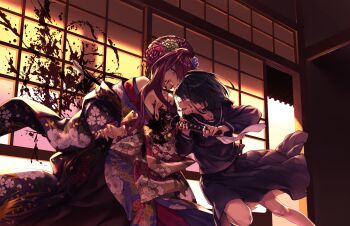 2girls black_hair blood blood_splatter breasts cleavage clenched_teeth confrontation eye_contact floral_print game_cg grimace highres holding holding_sword holding_weapon injury japanese_clothes kaguyuzu katana kimono kuryo_nozomi large_breasts long_hair looking_at_another multiple_girls nie_no_hakoniwa non-web_source oiran print_kimono red_hair saegusa_renge school_uniform serafuku short_hair shouji skirt sliding_doors smile stab sword teeth twilight weapon