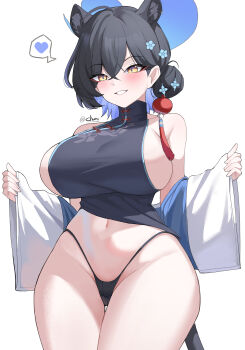 1girl absurdres ahoge animal_ears bare_shoulders black_dress black_panties blue_archive blue_halo breasts china_dress chinese_clothes clothing_aside colored_inner_hair cowboy_shot crossed_bangs curvy dress extra_ears eyeliner facing_viewer hair_bun hair_ornament halo heart highres huge_breasts kaguya_(blue_archive) kurochomo large_breasts looking_at_viewer makeup mandarin_collar multicolored_hair narrow_waist navel no_bra panther_ears panther_girl panther_tail panties pelvic_curtain pelvic_curtain_aside qipao_dress red_eyeliner revealing_clothes bad_tag sideboob single_hair_bun sleeveless sleeveless_turtleneck_dress smile solo spoken_heart tail tassel tassel_hair_ornament thick_thighs thighs thong underwear white_background wide_sleeves