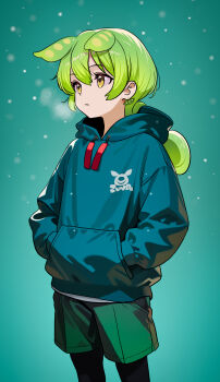 1girl akai_kuro animal_ears black_pantyhose blue_background blue_hoodie breath earrings green_hair green_shorts hands_in_pockets hood hoodie jewelry light_particles long_hair long_sleeves looking_to_the_side low_ponytail open_mouth pantyhose pea_pod pea_pod_earrings ponytail rabbit_ears shorts standing voicevox yellow_eyes zundamon