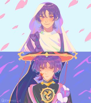 Rule 34 | 1boy, artist name, black shirt, blood, blood on face, blue background, blush, bow, closed mouth, commentary, detached sleeves, english commentary, genshin impact, gold, hair between eyes, hat, highres, jewelry, jingasa, long sleeves, looking at viewer, mandarin collar, mitsudomoe (shape), necklace, petals, purple bow, purple eyes, purple hair, purple hat, purple shirt, red hat, scaramouche (genshin impact), scaramouche (kabukimono) (genshin impact), shirt, short hair, short sleeves, simple background, smile, solo, sonnett vl, tomoe (symbol), upper body, v-shaped eyebrows, veil, vest, white vest, wide sleeves