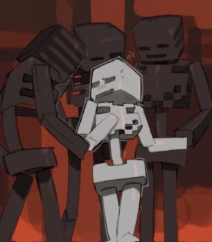 1kogito1 4boys black_skin colored_skin commentary english_commentary flying_sweatdrops highres legs_together looking_at_another looking_down looking_up male_focus minecraft multiple_boys skeleton_(minecraft) sweat tall_male the_nether_(minecraft) trembling undead white_skin wither_skeleton_(minecraft) yaoi