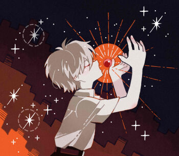 1boy adam_(evangelion) belt black_pants brown_belt closed_eyes from_side glowing_object grey_hair highres male_focus nagisa_kaworu neon_genesis_evangelion night open_mouth outdoors pants shirt short_hair solo sparkle tanba_(tanba-art) upper_body white_shirt