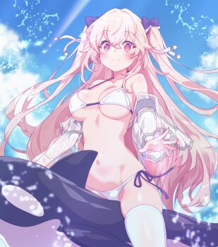 1girl anchorage_(azur_lane) anchorage_(dolphins_and_swim_lessons)_(azur_lane) arbiter1 arm_belt azur_lane bare_shoulders bikini black_ribbon blue_sky blush breasts closed_mouth cloud cloudy_sky collarbone commentary_request day fingernails hair_between_eyes hair_ribbon heart highres large_breasts long_hair looking_at_viewer mixed-language_commentary nail_polish navel open_hand orca outdoors pink_eyes pink_nails ribbon riding riding_animal see-through_clothes see-through_sleeves side-tie_bikini_bottom sky smile splashing stomach sunlight swimsuit thighs two_side_up white_bikini white_ribbon white_sleeves