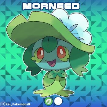 abstract_background artist_name bright_pupils character_name colored_sclera fakemon green_hat hat highres instagram_logo instagram_username kai_fakemonsr nintendo open_clothes open_mouth orange_eyes original pokemon pokemon_(creature) solo white_pupils yellow_sclera