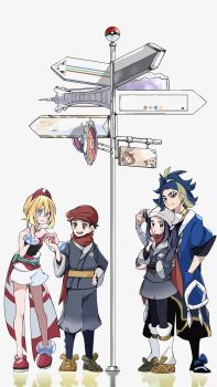 Rule 34 | 2boys, 2girls, adaman (pokemon), akari (pokemon), arm wrap, black hair, black sash, black shirt, blonde hair, blue coat, blue eyes, blue hair, blush, bracelet, breasts, brown eyes, closed mouth, coat, cocoa s3, commentary request, eyebrow cut, galaxy team survey corps uniform, green hair, grey eyes, grey jacket, hair between eyes, hairband, hat, headscarf, highres, irida (pokemon), jacket, jewelry, long hair, loose socks, multicolored hair, multiple boys, multiple girls, neck ring, nintendo, open mouth, pantyhose, pokemon, pokemon legends: arceus, ponytail, red hairband, red hat, red scarf, red shirt, rei (pokemon), road sign, sash, scarf, shirt, short hair, shorts, sidelocks, sign, smile, socks, strapless, strapless shirt, teeth, upper teeth only, white headscarf, white shorts