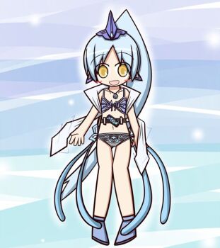 1girl animal belt bikini black_bikini blue_background blue_bikini blue_hair blue_shoes blush coin collarbone core_medal eel electric_eel electricity hair_ribbon headpiece himekuri_kalendar jewelry kamen_rider kamen_rider_ooo kamen_rider_ooo_(series) kamen_rider_ooo_(shauta_combo) long_hair looking_at_viewer midriff multicolored_bikini navel necklace octopus ooo_driver open_mouth orca personification ribbon rider-tan rider_belt scarf shoes side-tie_bikini_bottom smile standing swimsuit tentacles twintails two-tone_bikini white_scarf yellow_eyes