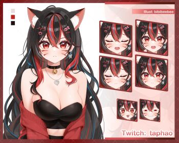 1girl animal_ears armpit_crease bare_shoulders bell bibixart black_choker black_hair breasts choker cleavage closed_eyes closed_mouth color_guide commentary commission crop_top earrings english_commentary extra_ears facial_mark fangs hair_between_eyes heart heart_necklace highres indie_virtual_youtuber jacket jewelry jingle_bell long_hair looking_at_viewer medium_breasts midriff multicolored_hair multiple_expressions necklace off_shoulder open_mouth red_eyes red_jacket skindentation solo strapless streaked_hair tube_top upper_body very_long_hair virtual_youtuber