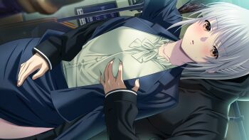 Rule 34 | 1boy, 1girl, blue suit, blush, breasts, chikan, formal clothes, game cg, grabbing another's breast, grabbing from behind, groping, highres, kyokugen chikan tokuiten, large breasts, long hair, m&amp;m (mickey and mackey), molestation, ponytail, skirt, skirt suit, suit, tsushima hakua, white hair, yellow eyes