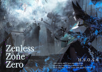 2girls absurdres animal_ear_fluff animal_ears aqua_jacket arm_out_of_sleeve black_hair black_necktie black_shoes black_skirt blunt_bangs china_dress chinese_clothes cloud cloudy_sky commentary_request copyright_name dress droopy_ears english_text fighting_stance fingerless_gloves floating floating_object floating_rock floating_sword floating_weapon fox_ears fox_girl gauntlets gloves gradient_hair high-waist_skirt highres holding holding_sword holding_weapon hoshimi_miyabi jacket katana leg_tattoo long_hair midfinger multicolored_hair multiple_girls necktie outdoors qingming_sword rain red_eyes red_hair ruins shirt shoes single_fingerless_glove single_gauntlet skirt sky sword tattoo weapon white_dress white_hair white_shirt ye_shunguang zenless_zone_zero