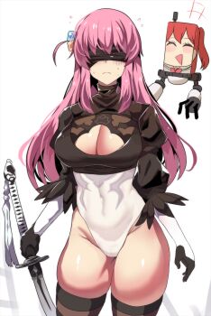 2b_(nier:automata) 2b_(nier:automata)_(cosplay) 2girls ^_^ absurdres alternate_costume black_thighhighs blindfold bocchi_the_rock! breasts cleavage cleavage_cutout closed_eyes clothing_cutout commentary cosplay cube_hair_ornament elbow_gloves english_commentary flying_sweatdrops gloves gotoh_hitori groin hair_between_eyes hair_ornament heattech_leotard highleg highleg_leotard highres hinghoi holding holding_sword holding_weapon kita_ikuyo large_breasts leotard long_hair long_sleeves looking_at_viewer mechanization multicolored_leotard multiple_girls nervous_sweating nier:automata nier_(series) one_side_up pink_hair pod_(nier:automata) pod_(nier:automata)_(cosplay) red_hair sidelocks simple_background sleeved_leotard sweat sword thick_thighs thighhighs thighs turtleneck two-tone_gloves two-tone_leotard weapon white_background