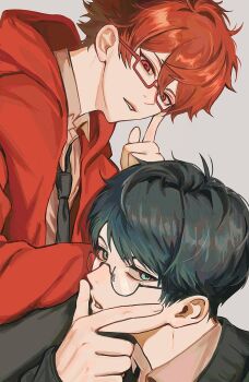 2boys ace_trappola adjusting_eyewear aqua_eyes black-framed_eyewear black_hair black_necktie black_sweater collared_shirt commentary_request deuce_spade double-parted_bangs glasses grey_background hair_between_eyes hand_on_own_face highres hood hood_down hooded_jacket jacket long_sleeves looking_to_the_side male_focus multiple_boys necktie nong_2d open_clothes open_jacket parted_hair parted_lips rectangular_eyewear red-framed_eyewear red_eyes red_jacket shirt short_hair sweater twisted_wonderland wing_collar