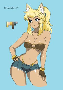 1girl animal_ear_fluff animal_ears belt_bra blonde_hair blue_background blue_eyes bracelet breasts cleavage collarbone color_guide contrapposto denim denim_shorts expressionless facial_mark frown gold_bracelet hand_on_own_hip jewelry liru looking_to_the_side medium_breasts nevtelen o-ring o-ring_top ponytail renkin_san-kyuu_magical_pokaan shorts sidelocks simple_background solo spiked_bracelet spikes tan torn_clothes torn_shorts twitter_username watermark whisker_markings wolf_ears wolf_girl