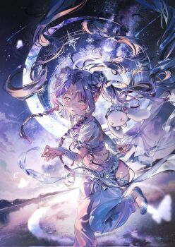 &gt;_&lt; 1girl braid bug butterfly clothing_cutout comet commission floating_hair frilled_hairband frills gem hair_bun hair_ornament hairband highres insect long_hair looking_at_viewer midriff mouth_veil navel original parted_bangs purple_eyes purple_gemstone purple_hair rabbit ribbon short_sleeves sidelocks sky star_(sky) starry_sky thigh_cutout twin_braids veil yp1091