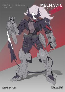 artist_name artstation_logo character_name commentary crossover demon_horns demon_tail deviantart_logo english_commentary facebook_logo floating_hair fusion grey_background grey_hair gun gundam gundam_asmoday gundam_barbatos gundam_barbatos_lupus_rex gundam_tekketsu_no_orphans gundam_tekketsu_no_orphans_urdr_hunt harryych helltaker highres horns judgement_(helltaker) long_hair mecha mechanization mixed-language_commentary multicolored_background no_humans pixiv_logo red_background redrawn robot science_fiction solo tail twitter_logo weapon