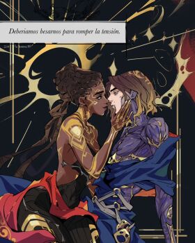 1boy 1girl alderion-al arcane:_league_of_legends bags_under_eyes bare_shoulders breasts brown_eyes brown_hair cheekbones cleavage cloak colored_skin colored_veins couple covered_navel dark-skinned_female dark_skin dreadlocks formal_clothes from_side glitter glitter_makeup glowing_veins gold_tattoo gradient_hair hair_up hand_on_another's_face heads_together hetero highres hood hooded_cloak incoming_kiss interracial league_of_legends leaning_back leaning_forward leaning_to_the_side looking_at_another medium_breasts mel_(league_of_legends) mole multicolored_hair multicolored_skin noses_touching off_shoulder parted_bangs shade shoulder_plates sitting sleeveless spanish_text speech_bubble streaked_hair suit translation_request two-tone_skin upper_body very_dark_skin viktor_(arcane) viktor_(league_of_legends)