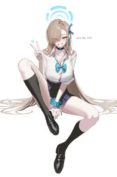 1girl anyak05 asuna_(blue_archive) asuna_(school_uniform)_(blue_archive) black_shoes black_socks blonde_hair blue_archive blue_eyes blue_halo blue_skirt blush breasts button_gap choker cleavage collarbone commentary english_commentary grin hair_over_one_eye halo highres jaggy_lines large_breasts long_hair looking_at_viewer pleated_skirt shirt shoes sitting skirt sleeves_rolled_up smile socks solo thighs v very_long_hair white_background white_shirt