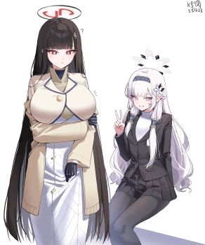 2girls absurdres arm_behind_back black_gloves black_hair black_jacket black_pantyhose black_skirt blue_archive blunt_bangs blush breasts brown_jacket closed_mouth commentary cosplay costume_switch dress earclip flower gloves grey_hair grin hair_flower hair_ornament hairband hairclip halo highres himari_(blue_archive) jacket large_breasts long_hair multiple_girls myeolchi open_clothes open_jacket pantyhose pleated_skirt pointy_ears purple_eyes purple_hairband red_eyes red_halo rio_(blue_archive) shirt sitting skirt smile turtleneck turtleneck_shirt v white_dress white_flower white_halo white_shirt