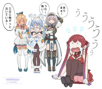 Rule 34 | 4girls, = =, animal ears, arm behind head, armor, armored dress, artist name, bare arms, bare shoulders, belt, belt buckle, belt pouch, black boots, black gloves, black leotard, black pantyhose, black thighhighs, black tiara, blank eyes, blonde hair, blue bow, blue dress, blue hair, boots, bow, bowtie, braid, breast cutout, breastplate, breasts, brooch, brown belt, buckle, cape, carrot hair ornament, carrot print, chest strap, cleavage, closed eyes, coat dress, collared dress, commentary request, crossed arms, crying, detached sleeves, double-parted bangs, dress, elf, food-themed hair ornament, food print, full body, fur-trimmed dress, fur-trimmed gloves, fur scarf, fur trim, garter straps, gloves, grabbing own hair, gradient hair, greaves, grey hair, hair bow, hair ornament, hand on own cheek, hand on own face, high ponytail, highres, holding, holding own hair, hololive, houshou marine, houshou marine (1st costume), jewelry, knight, large breasts, leather belt, leotard, long hair, long sleeves, medium breasts, medium hair, miniskirt, multicolored hair, multiple girls, no headwear, no nose, on floor, open mouth, pantyhose, parody, parted bangs, parted lips, playboy bunny, pointy ears, pom pom (clothes), ponytail, pouch, purple hair, rabbit ears, rabbit girl, red bow, red bowtie, red hair, red skirt, red vest, scared, scene reference, shiranui flare, shiranui flare (1st costume), shirogane noel, shirogane noel (1st costume), short dress, short eyebrows, simple background, sitting, skirt, sleeveless, small sweatdrop, sousou no frieren, speech bubble, strapless, strapless leotard, streaming tears, swept bangs, tabard, tantrum, tears, thigh strap, thighhighs, tiara, translation request, trembling, turn pale, twin braids, twintails, twitter username, twitter x logo, two-tone dress, usada pekora, usada pekora (1st costume), vambraces, very long hair, vest, vinhnyu, virtual youtuber, waist cape, white background, white bow, white cape, white dress, white gloves, white hair, white tabard, white thighhighs, wide sleeves