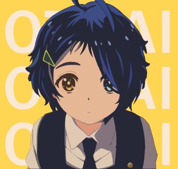 1girl absurdres blue_eyes blue_hair bow bowtie brown_eyes hair_ornament hairclip heterochromia highres horse(artist) no_sclera ooto_ai school_uniform short_hair wonder_egg_priority