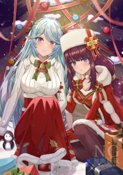 2girls :o absurdres adversarial_noise bell black_pantyhose blush bow bowtie box breasts cape christmas christmas_tree christmas_ornaments cleavage closed_mouth collarbone commentary_request dress epsilon_(kage_no_jitsuryokusha_ni_naritakute!) eta_(kage_no_jitsuryokusha_ni_naritakute!) fur-trimmed_cape fur-trimmed_dress fur-trimmed_skirt fur_collar fur_hat fur_trim gift gift_box gloves green_bow green_bowtie grey_hair hat hat_ribbon high-waist_skirt highres impossible_clothes impossible_sweater kage_no_jitsuryokusha_ni_naritakute! knees_up large_breasts leaf_print long_hair long_sidelocks long_skirt long_sleeves looking_at_viewer matsumoto_yuu mini_snowman multiple_girls neck_bell night outdoors pantyhose papakha parted_bangs parted_lips pointy_ears print_skirt purple_eyes red_cape red_dress red_gloves red_ribbon red_skirt ribbed_sweater ribbon sidelocks sitting skirt smile snow snowing sparkle straight_hair sweater very_long_hair watermark white_hat white_sweater