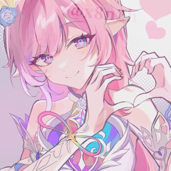 1girl alternate_form artist_name bare_shoulders blue_flower blue_rose blush closed_mouth clothing_cutout commentary_request cyrene_(demiurge)_(honkai:_star_rail) cyrene_(honkai:_star_rail) detached_sleeves diamond-shaped_pupils diamond_(shape) dress eyelashes flower hair_between_eyes hair_flower hair_ornament hair_ribbon hands_up heart heart_cutout heart_hands heart_ornament highres honkai:_star_rail honkai_(series) long_hair looking_at_viewer mandarin_collar mobius_strip multicolored_hair official_alternate_costume official_alternate_hairstyle pink_hair pointy_ears polka_dot polka_dot_background purple_background purple_eyes purple_hair ribbon rose short_sleeves sleeveless sleeveless_dress smile solo star_ornament streaked_hair symbol-shaped_pupils two-tone_background watermark white_background white_dress white_flower white_rose white_sleeves x8n2h yellow_ribbon