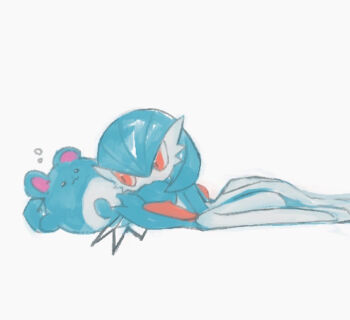 1girl :3 alternate_color bad_id bad_pixiv_id black_eyes blue_hair blue_skin bob_cut butter_(oshi8kyoumoh) closed_mouth color_connection colored_skin female_focus gardevoir gen_2_pokemon gen_3_pokemon hair_between_eyes hand_up legs looking_at_another lying marill multicolored_skin nibbling nintendo no_feet on_back on_side pokemon pokemon_(creature) red_eyes shiny_pokemon short_hair simple_background squeans two-tone_skin white_background white_skin