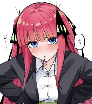 Rule 34 | 1girl, black coat, black ribbon, blue eyes, blush, breasts, coat, commentary request, food, food in mouth, go-toubun no hanayome, hair ribbon, highres, large breasts, long hair, looking at viewer, mame1645, nakano nino, pink hair, pocky, pocky in mouth, ribbon, shirt, solo, speech bubble, translation request, white shirt