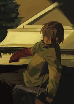 1other amputee brown_hair brown_pants chair deltarune expressionless green_sweater highres instrument kris_(deltarune) missing_limb on_chair one_eye_covered other_focus painterly pants piano red_eyes short_hair sitting solo sweater ttasarayu utdr_(toby_fox)