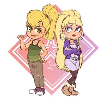 blonde_hair blunt_bangs breasts child cindy_vortex color_connection dress earrings gravity_falls hair_color_connection hairband hoop_earrings idreamofjimmy jewelry jimmy_neutron_(series) long_hair looking_at_viewer multiple_girls pacifica_northwest ponytail shirt short_hair sleeveless trait_connection