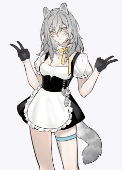 1girl absurdres alternate_costume animal_charm animal_ears apron black_dress black_gloves bow bowtie breasts charm_(object) closed_mouth collarbone cowboy_shot criss-cross_straps detached_collar double_v dress enmaided frills gloves grey_hair hair_between_eyes hands_up highres honkai:_star_rail honkai_(series) kemonomimi_mode long_hair looking_at_viewer maid maid_apron medium_breasts puffy_short_sleeves puffy_sleeves raccoon_ears raccoon_girl raccoon_tail short_dress short_sleeves sidelocks simple_background sinn_syuu smile solo standing stelle_(honkai:_star_rail) tail thigh_strap trailblazer_(honkai:_star_rail) v white_apron white_background wing_collar yellow_bow yellow_bowtie yellow_eyes