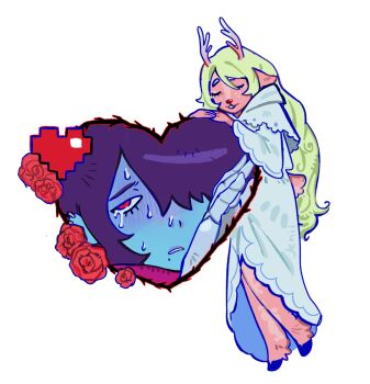 1girl 1other alien_stage antlers black_hair blonde_hair blue_skin capelet closed_eyes colored_skin commentary deer_antlers deer_girl deltarune derivative_work english_commentary flower furry furry_female hair_over_one_eye heart highres hood hooded_capelet hooves horns kris_(dark_world)_(deltarune) kris_(deltarune) long_hair mole mole_under_mouth noelle_holiday noelle_holiday_(dark_world) other_with_female pixel_heart red_eyes red_flower red_rose robe rose soul_(deltarune) susujenii sweat tears thorns utdr_(toby_fox) very_long_hair weird_route_(deltarune) white_capelet white_robe