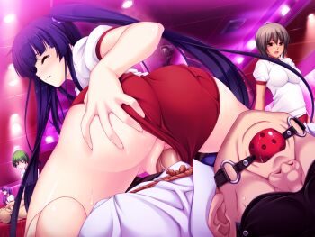 1boy 4girls ass ball_gag bdsm black_hair blindfold blue_hair blush bondage bound breasts brown_eyes brown_hair buruma buruma_aside closed_eyes clothed_sex clothing_aside cowgirl_position femdom gag gagged game_cg girl_on_top green_hair gym_uniform hand_on_own_ass hetero indoors kurasawa_anzu large_breasts large_variant_set long_hair looking_back multiple_girls nerawareta_megami_tenshi_angel_tear non-web_source official_art open_mouth penis purple_hair pussy reverse_cowgirl_position rope saliva sex sex_from_behind short_hair straddling sweat tears tsukumo_kazuita twintails uncensored vaginal variant_set very_long_hair wiffle_gag