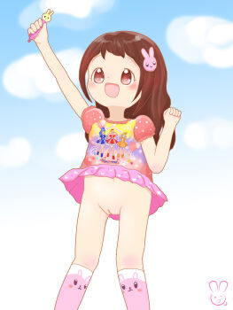 1girl animal animal_hair_ornament animal_print blush brown_eyes brown_hair character_print clothes_writing cloud from_below hair_ornament heart heart_in_eye heart_print holding holding_wand kneehighs loli long_hair looking_up no_panties open_mouth original pink_shirt pink_skirt pink_socks polka_dot polka_dot_shirt print_shirt print_skirt print_socks puffy_sleeves pussy rabbit rabbit_hair_ornament rabbit_print shirt short_sleeves skirt sky smile socks standing symbol_in_eye upskirt urameido wand wind wind_lift