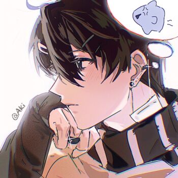 1boy akigawasou animalization bandaid bandaid_on_neck black_hair black_shirt commentary curtained_hair earrings fish glint hand_on_own_chest head_rest high_collar jewelry kim_dokja long_sleeves male_focus multiple_earrings ocean_sunfish omniscient_reader&#039;s_viewpoint portrait ring shirt short_hair solo speech_bubble squid stud_earrings symbol-only_commentary thought_bubble turtleneck wedding_ring yoo_joonghyuk