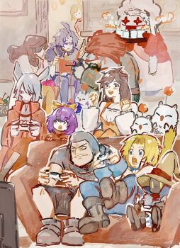 1other 5boys 5girls adelbert_steiner animal_ears beatrix_(ff9) black_mage_(final_fantasy) blonde_hair blue_eyes blue_pants blue_wrist_cuffs blush bodysuit bow breasts brown_hair burmecian chef_hat child clenched_teeth coat controller couch creature curly_hair dreadlocks eiko_carol everyone eyepatch final_fantasy final_fantasy_ix freya_crescent game_controller garnet_til_alexandros_xvii glasses grey_hair hair_between_eyes hair_bow hat highres holding holding_controller holding_game_controller knitting kuja medium_breasts moogle mouse_ears mouse_girl multiple_boys multiple_girls open_mouth orange_bodysuit pants playing_games purple_hair quina_quen red_coat red_hair amarant_coral shirt sitting sketch smile swept_bangs teeth tongue tongue_out vivi_ornitier white_shirt wizard_hat wrist_cuffs yellow_bow yellow_eyes yoshidaaaan zidane_tribal