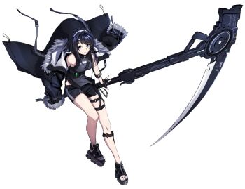 1girl arknights bare_shoulders black_eyes black_gloves black_hair black_jacket black_shoes breasts commentary_request fingerless_gloves full_body gloves hair_ornament hairclip highres holding holding_scythe holding_weapon jacket kazumi1220k_mk2 la_pluma_(arknights) long_sleeves looking_at_viewer sandals scythe shoes simple_background sleeveless solo weapon white_background