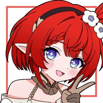 1girl :d bare_shoulders blue_eyes blush bokutaaaa brown_gloves commentary cross-shaped_pupils gloves hand_up hashtag-only_commentary highres honkai:_star_rail honkai_(series) looking_at_viewer open_mouth pointy_ears portrait red_hair smile solo symbol-shaped_pupils tribbie_(honkai:_star_rail) v