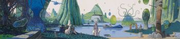analogous_colors animal architecture building day dog highres hooded_jumpsuit landscape long_image moebius nature original outdoors people plant rock scenery science_fiction sitting sky standing stone_wall surreal tentacles tree water watercraft wide_image