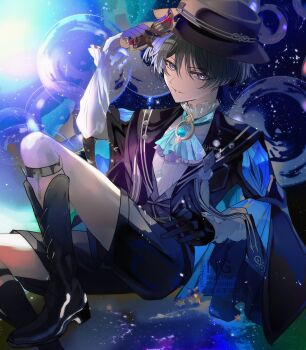 1boy aiguillette alternate_costume arm_at_side ascot asrhion black_boots black_coat black_gloves black_hat black_shorts blue_ascot blue_gemstone blue_sleeves blunt_ends boater_hat boots bright_pupils bubble cat_mask choppy_bangs coat collared_shirt commentary_request domino_mask dress_shirt eye_mask eyeliner eyeshadow feathers formal_clothes frilled_shirt_collar frilled_sleeves frills gem genshin_impact gloves gold half_gloves hand_up hat highres holding holding_mask knee_boots lace-up_boots layered_ascot layered_sleeves long_sleeves looking_at_viewer makeup male_focus mask open_mouth parted_lips pom_pom_(clothes) purple_ascot purple_background purple_eyes purple_mask red_eyeliner red_eyeshadow scaramouche_(genshin_impact) shirt shorts simple_background solo tsurime twitter_username undershirt wanderer_(genshin_fes_2026)_(genshin_impact) wanderer_(genshin_impact) watermark white_pupils white_shirt white_sleeves white_trim yellow_feathers