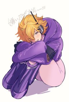 1girl af60489 ass blush bodysuit boots brown_eyes cropped_jacket full_body hair_over_one_eye highres jacket looking_at_viewer one_piece orange_hair pink_bodysuit purple_jacket short_hair simple_background sitting smile solo translation_request vegapunk_lilith white_background wide_hips