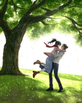 1boy 1girl arms_around_neck artist_name black_hair black_pants black_shoes blue_skirt boots brown_boots brown_hair cardigan commentary_request couple eren_yeager falling_leaves full_body grass grey_shirt hair_between_eyes hair_bun hetero hug korean_commentary leaf long_skirt looking_at_another mikasa_ackerman open_mouth outdoors pants pink_cardigan ponytail red_scarf scarf shingeki_no_kyojin shirt shoes skirt smile syunillust tree under_tree updo white_shirt