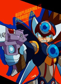 Rule 34 | 1boy, armor, axl (mega man), black armor, brown hair, chest jewel, cowboy shot, cross scar, finger on trigger, forehead jewel, forte99919, green eyes, gun, helmet, highres, holding, holding gun, holding weapon, long hair, male focus, mega man (series), mega man x (series), red background, red helmet, scar, scar on face, smirk, solo, spiked hair, watermark, weapon