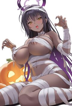 1girl absurdres alternate_costume areola_slip bandage_on_hair bandaged_chest bandaged_head bandages black_hair blue_archive breasts claw_pose colored_inner_hair commentary dark-skinned_female dark_skin fangs gradient_hair halloween_costume highres jack-o&#039;-lantern karin_(blue_archive) large_breasts long_hair looking_at_viewer multicolored_hair mummy_costume naked_bandage navel open_mouth pumpkin purple_hair simple_background sitting solo stomach teeth thighs torn_bandages underboob upper_teeth_only very_long_hair wariza white_background yan.c yellow_eyes