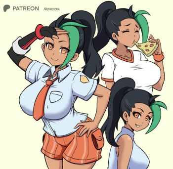 1girl arm_up black_gloves black_hair blue_shirt bracelet breast_pocket breasts closed_eyes collarbone dark_skin eating fingerless_gloves food freckles gloves green_hair grin gym_uniform hand_on_own_hip high_ponytail holding holding_food holding_pizza jewelry large_breasts long_hair looking_at_viewer momocka-art multicolored_hair multiple_views naranja_academy_school_uniform necktie nemona_(pokemon) nintendo orange_eyes orange_necktie orange_shorts pizza pizza_slice pocket pokemon pokemon_sv ponytail school_uniform shirt short_sleeves shorts single_glove sleeveless sleeveless_shirt smile standing streaked_hair striped_clothes striped_shorts sweatband teeth upper_body white_shirt