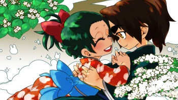 Rule 34 | 1boy, 1girl, :d, bow, brown eyes, brown hair, chipped tooth, flower, green hair, hair bow, hetero, husband and wife, looking at another, obi, open mouth, ponytail, red bow, ridin (ridin7188), samurai usagi, sash, short hair, smile, thick eyebrows, udogawa gosuke, udogawa shino