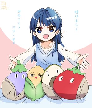 Rule 34 | 1girl, :d, akeome, avocado (love live!), blue eyes, blue hair, blue sweater vest, collarbone, commentary request, conno-san (love live!), dated, half updo, happy new year, highres, kanduki kamibukuro, link! like! love live!, long hair, long sleeves, looking at viewer, love live!, mole, mole on neck, murano sayaka, murano sayaka (winter loungewear), nasu-san (love live!), new year, open mouth, pink background, shirt, smile, solo, stuffed avocado, stuffed corn, stuffed eggplant, stuffed tomato, stuffed toy, sweater vest, tomati (love live!), translation request, virtual youtuber, white shirt
