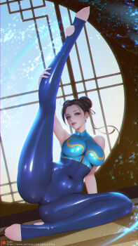 absurdres alternate_costume bodysuit capcom chun-li commentary english_commentary feet hdevilxf highres leg_up official_alternate_costume sade_abyss stirrup_legwear street_fighter street_fighter_zero_(series) toeless_legwear toes